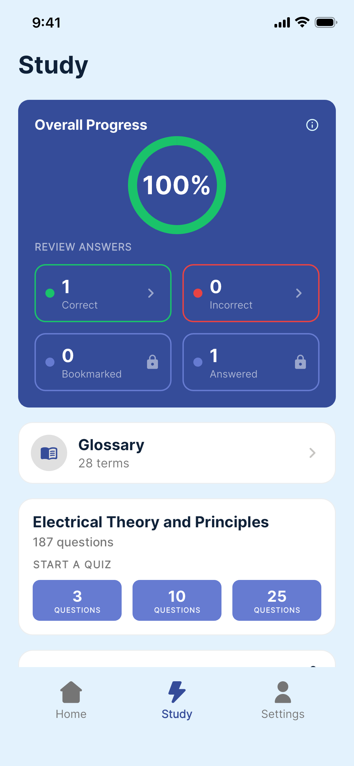 Electrician Study showing example practice activity and category progress