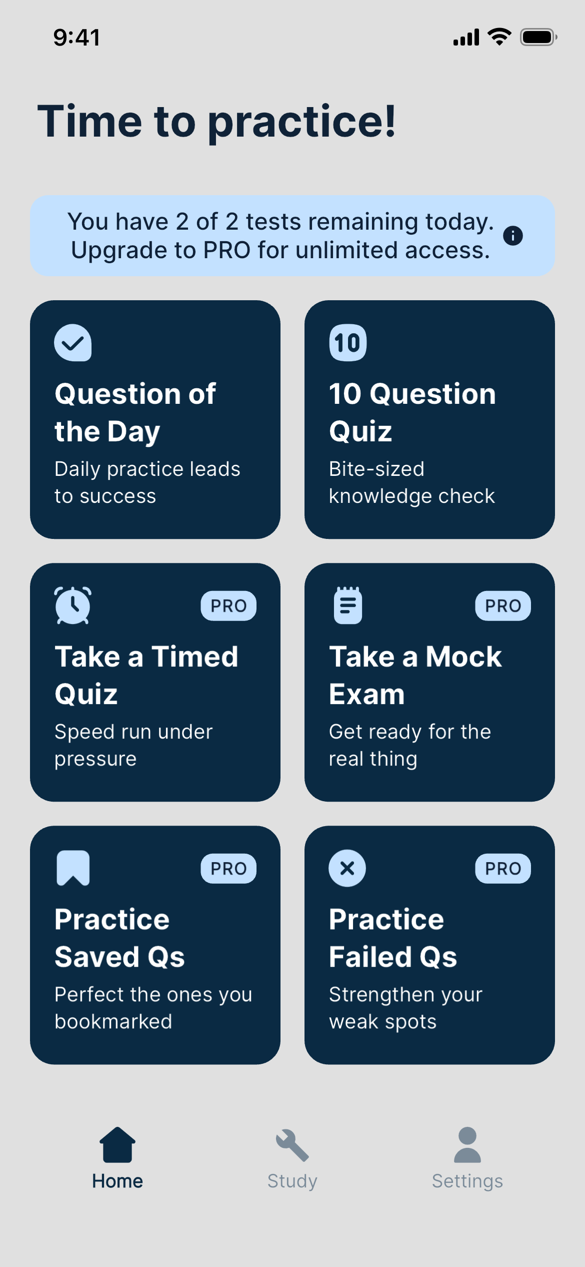 Plumbing Home showing daily practice and six quiz modes