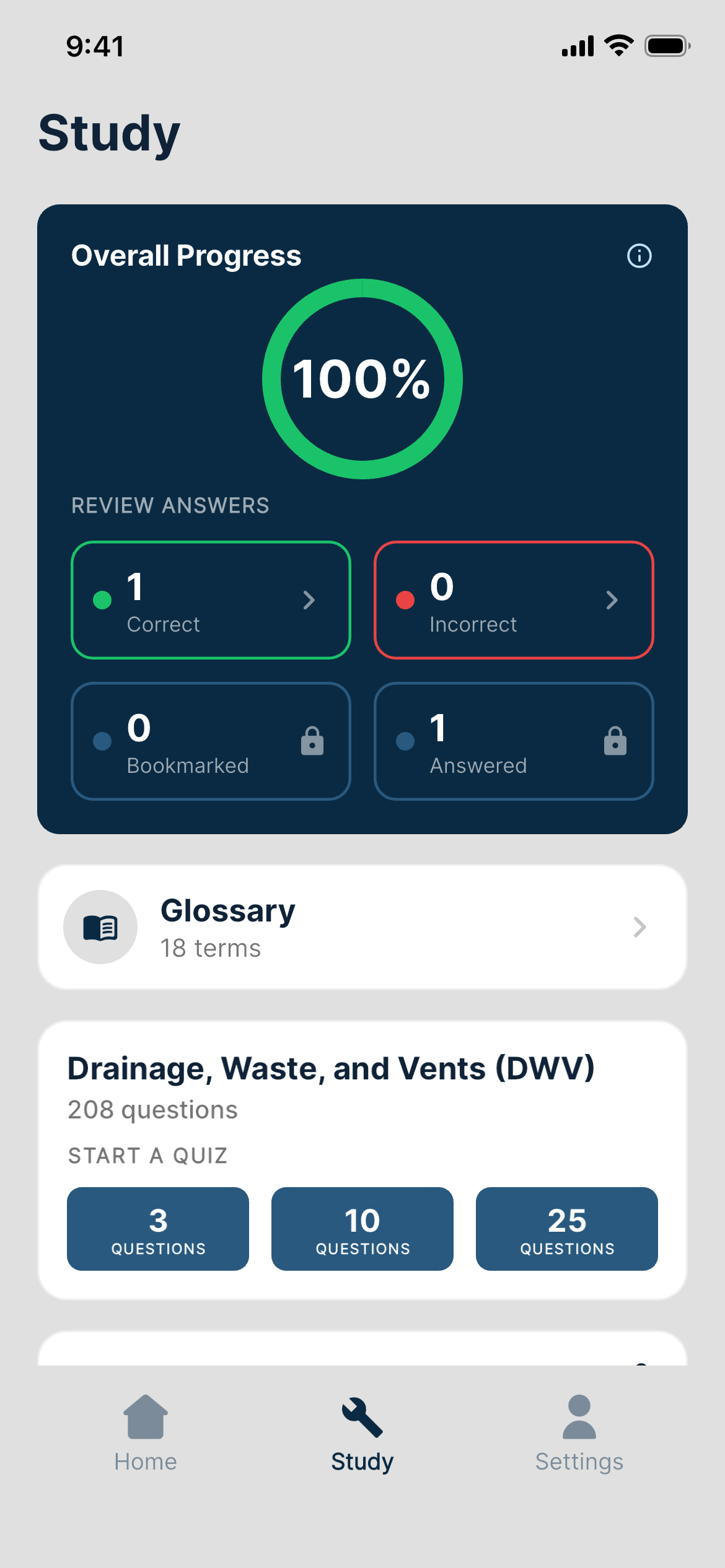 Plumbing Study showing example practice activity and category progress